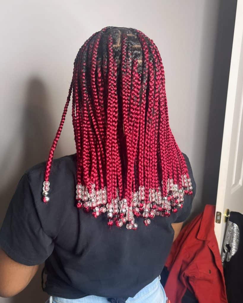 Red Knotless Braids with Beads