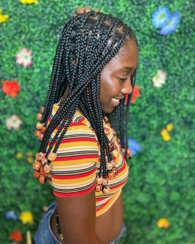 Shoulder Length Knotless Braids with Wood Beads
